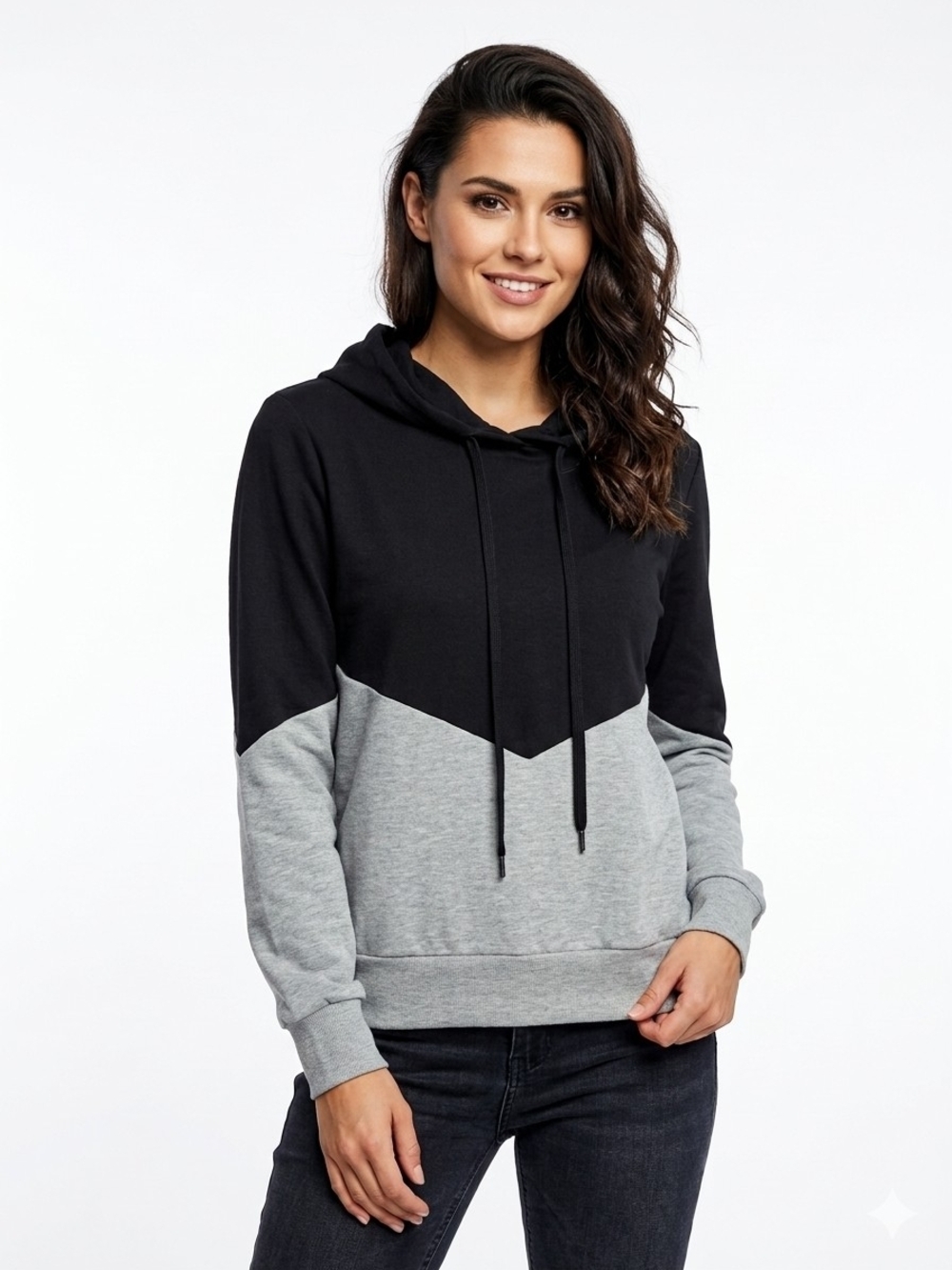 KAILEIGH Black & Heather Gray Joanna Chevron Colorblock Hooded Knit Top Hoodie
